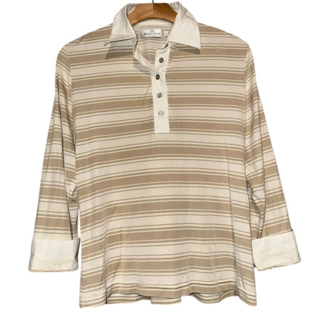 Bugatchi Women’s Size L Tan Beige White Striped Silk Henley Collared Polo Shirt